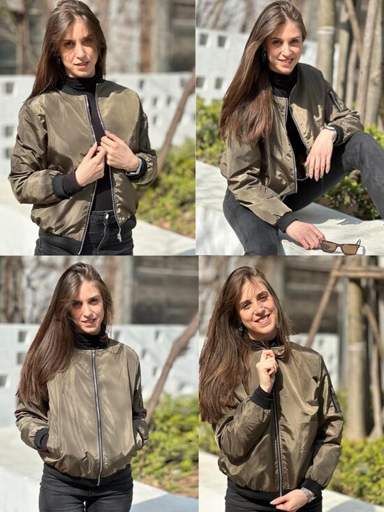 Women's Bomber Jacket Lightweight Jacket Zip Up Coat Bomber Jacket Army Green - Picture 4 of 4